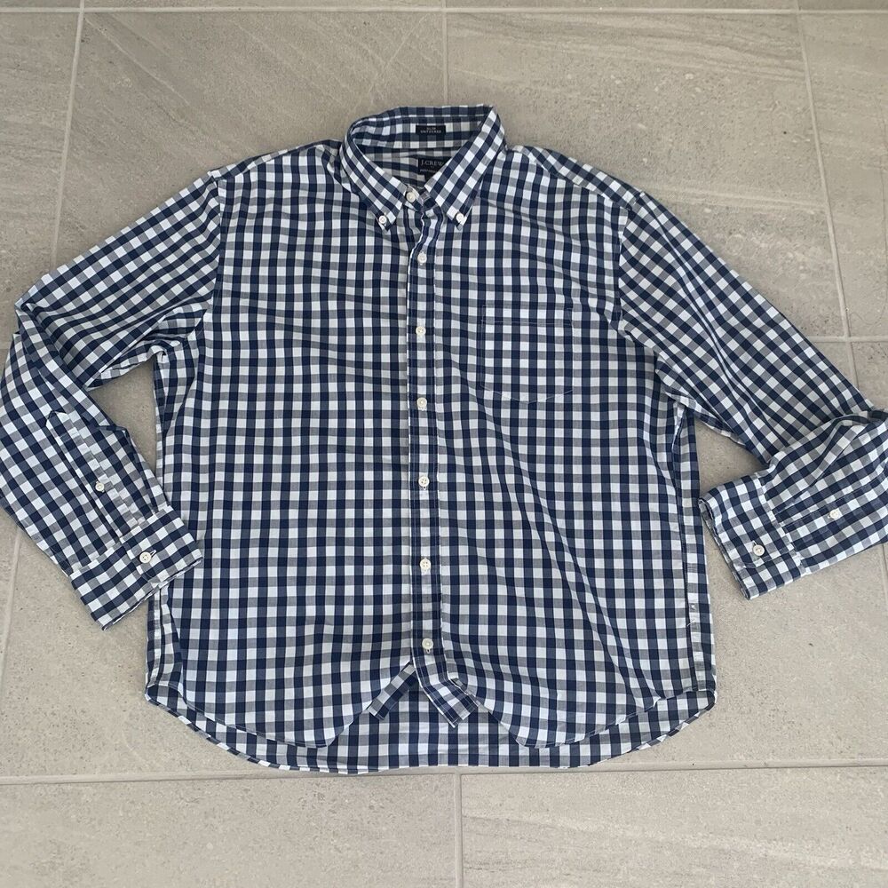 J Crew Dress Shirt  Button Down Mens X Large Navy Blue Gingham Plaid Long Sleeve